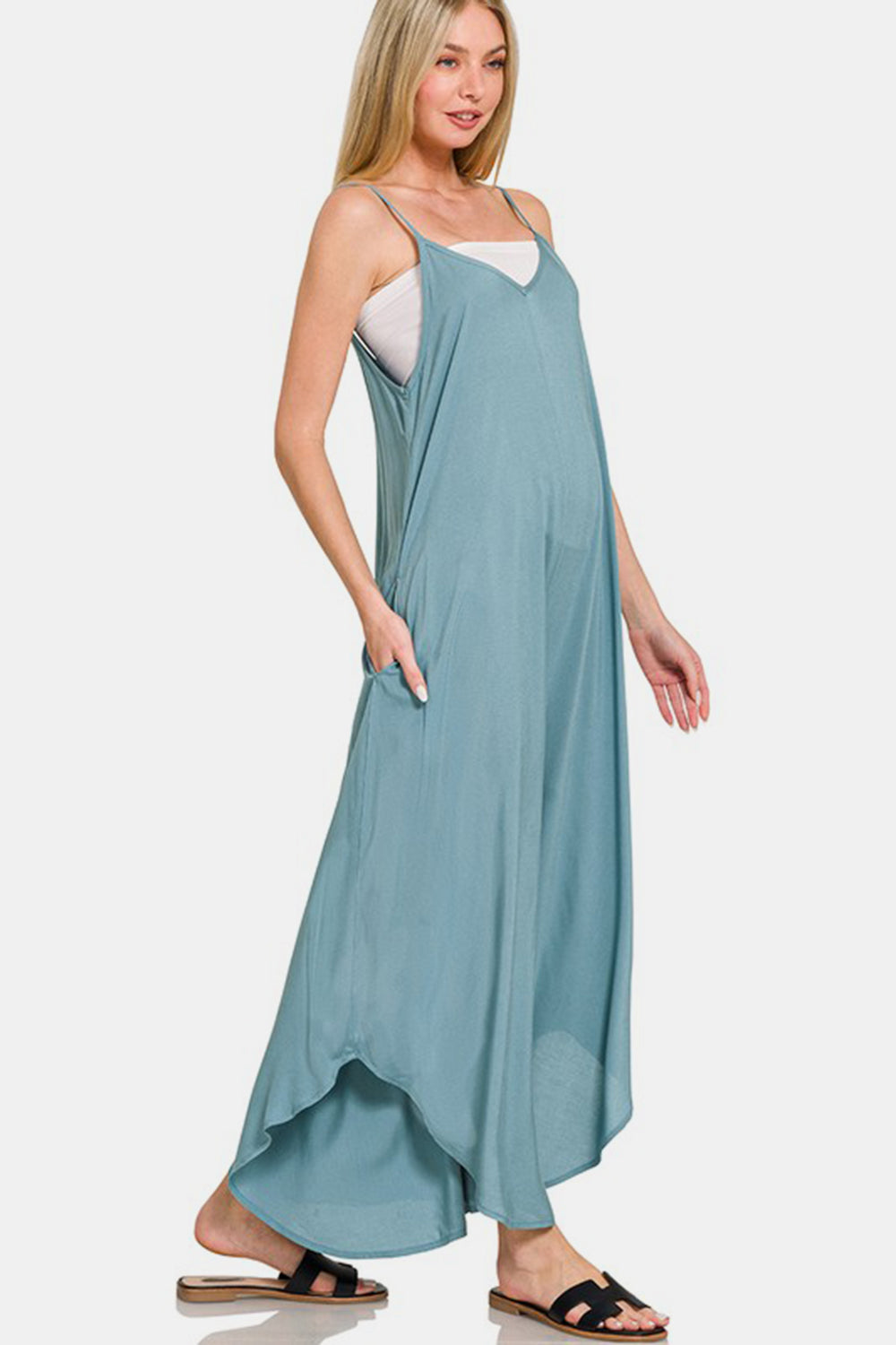 Zenana Spaghetti Strap Wide Leg Overalls with Pockets-TOPS / DRESSES-[Adult]-[Female]-2022 Online Blue Zone Planet