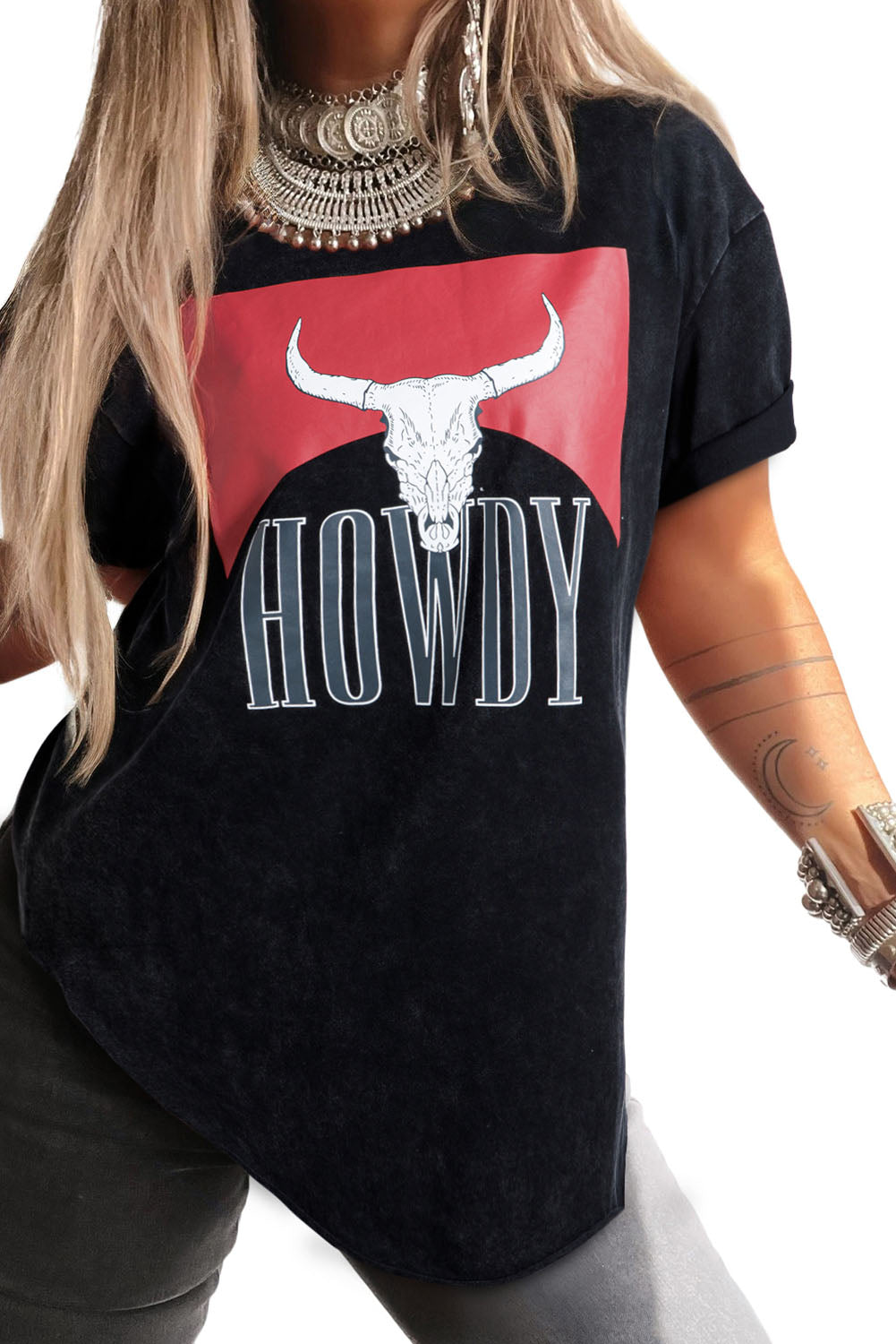 Black Western Howdy Steer Head Print Side Slits Loose Fit T Shirt-Graphic/Graphic Tees-[Adult]-[Female]-2022 Online Blue Zone Planet