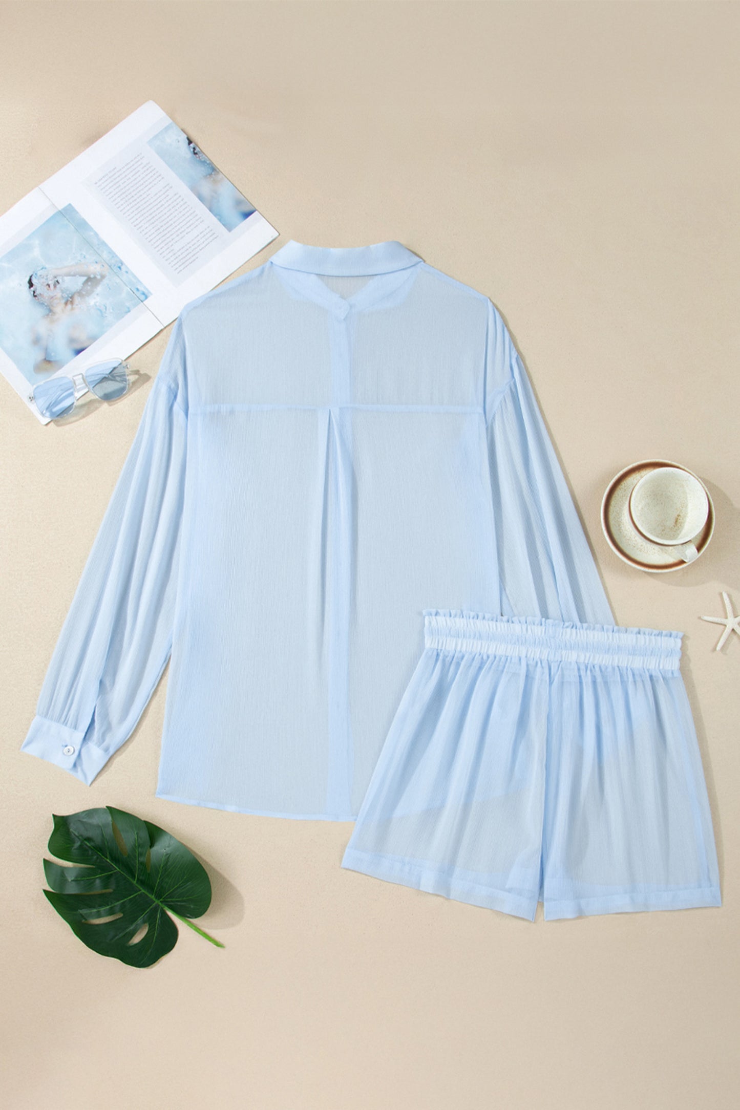 Beau Blue Sheer Tunic Shirt Drawstring Shorts 2pcs Swim Cover Up-Swimwear/Beach Cover-ups-[Adult]-[Female]-2022 Online Blue Zone Planet