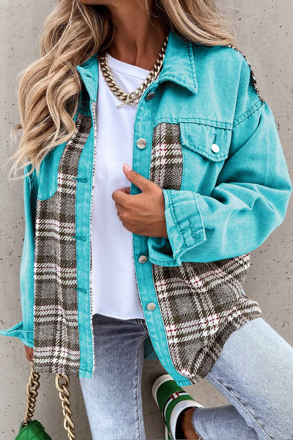 Blue Zone Planet | Sky Blue Plaid Patchwork Pockets Denim Jacket-Outerwear/Denim jackets-[Adult]-[Female]-Sky Blue-S-2022 Online Blue Zone Planet