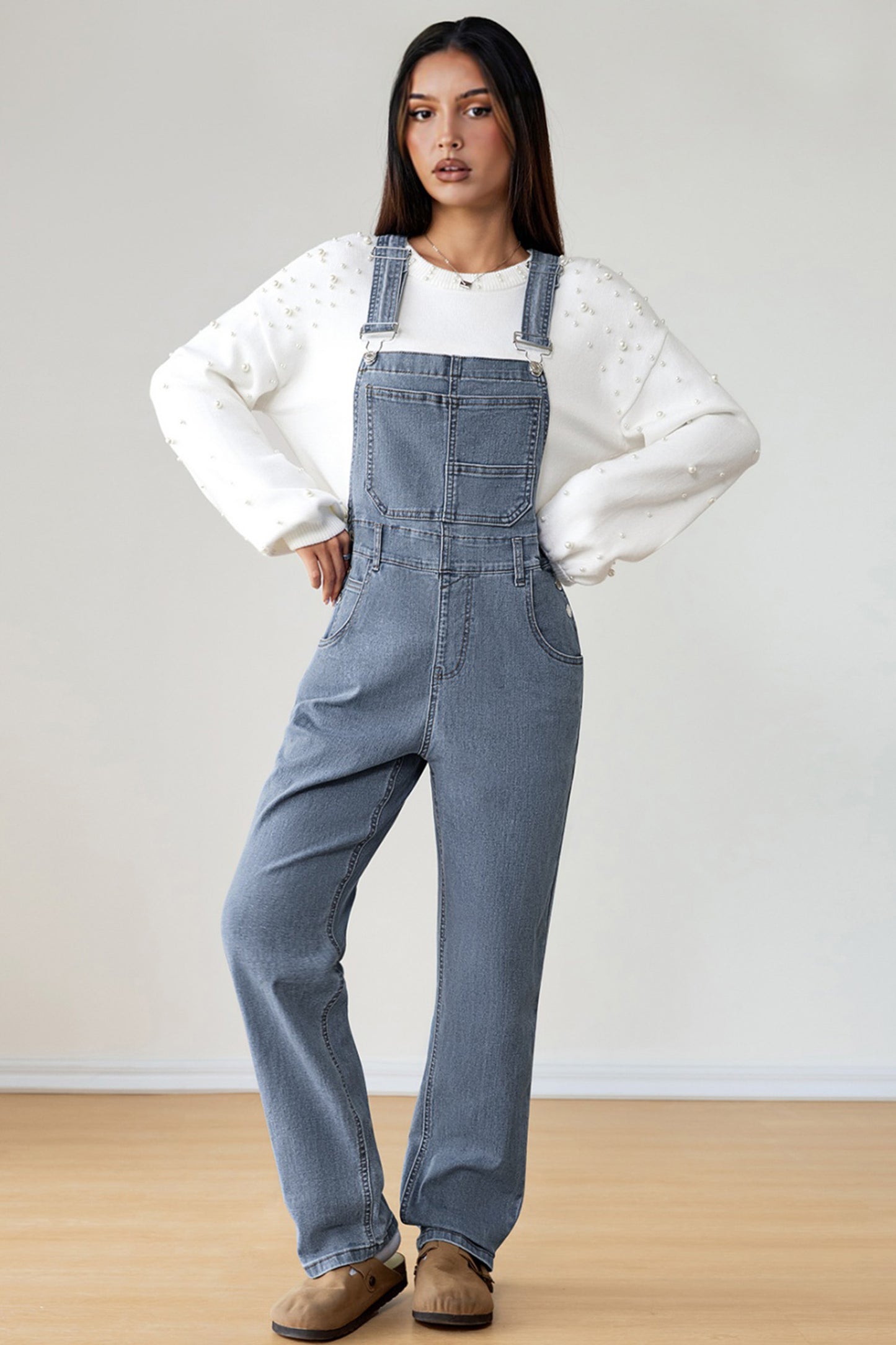 Dark Blue Retro Bib Pocket Buckle Straps Casual Denim Jumpsuit