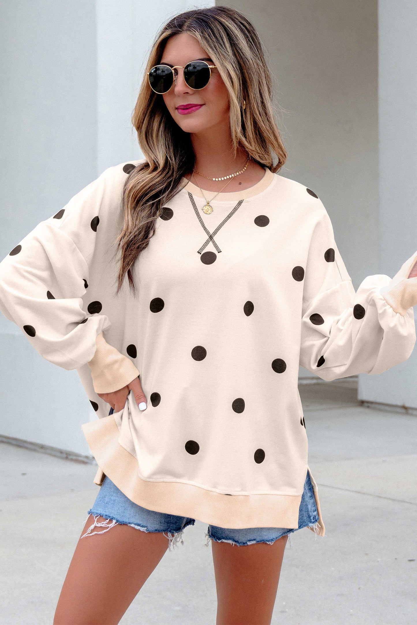 Beige Loose-Fit Long Sleeve Round Neck Polka Dot Tunic Sweatshirt-Tops/Long Sleeve Tops-[Adult]-[Female]-2022 Online Blue Zone Planet