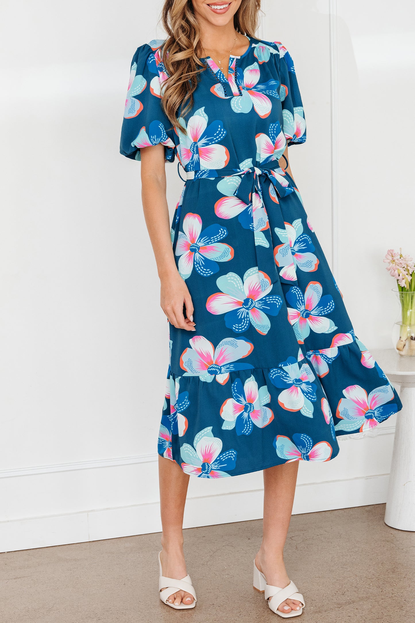Blue Floral Print Short Puff Sleeve Ruffle Hem Belted Long Dress-TOPS / DRESSES-[Adult]-[Female]-2022 Online Blue Zone Planet