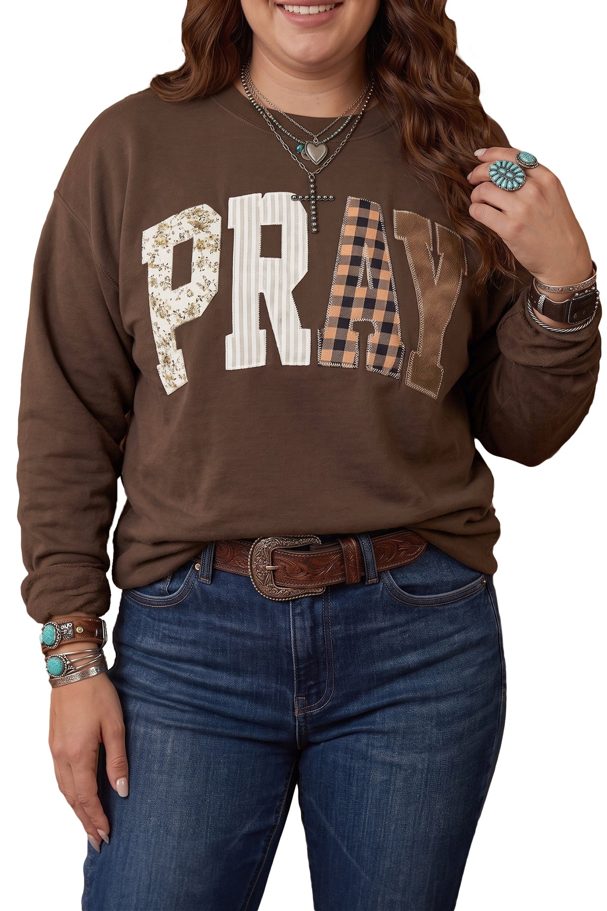 Coffee PRAY Letter Patchwork Round Neck Long Sleeve Plus Size Sweatshirt-Plus Size/Plus Size Sweatshirts & Hoodies-[Adult]-[Female]-2022 Online Blue Zone Planet