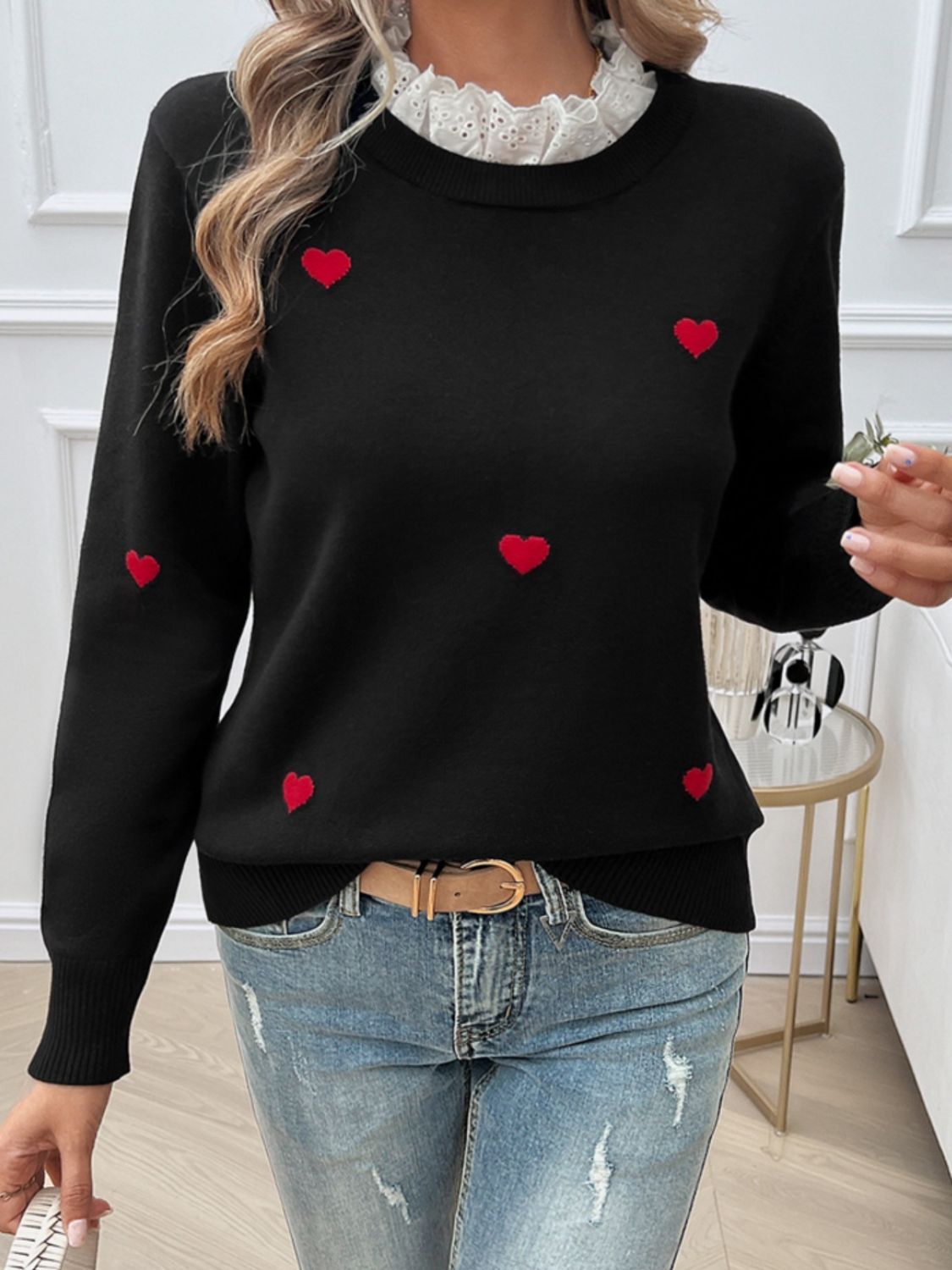 Lace Detail Heart Long Sleeve Sweater-TOPS / DRESSES-[Adult]-[Female]-2022 Online Blue Zone Planet