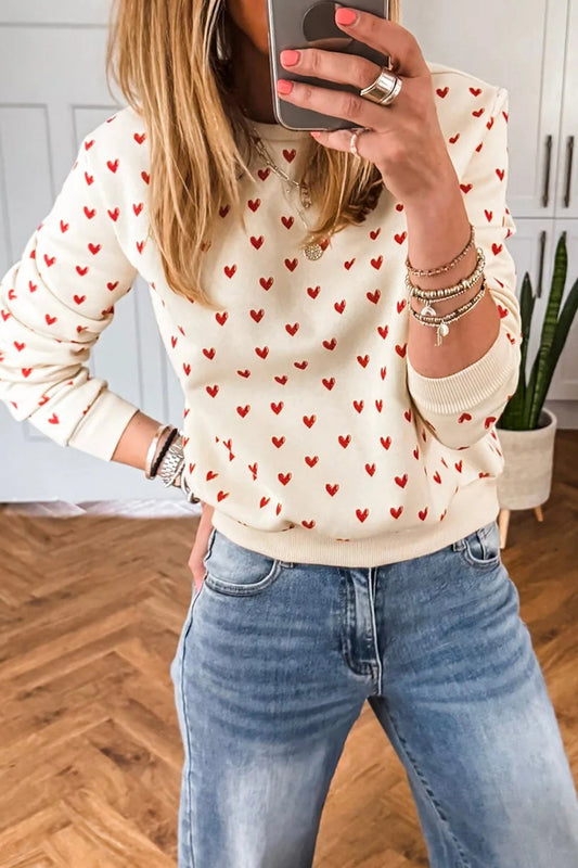Beige Heart Print Round Neck Long Sleeve Regular Fit Sweatshirt-Tops/Sweatshirts & Hoodies-[Adult]-[Female]-2022 Online Blue Zone Planet