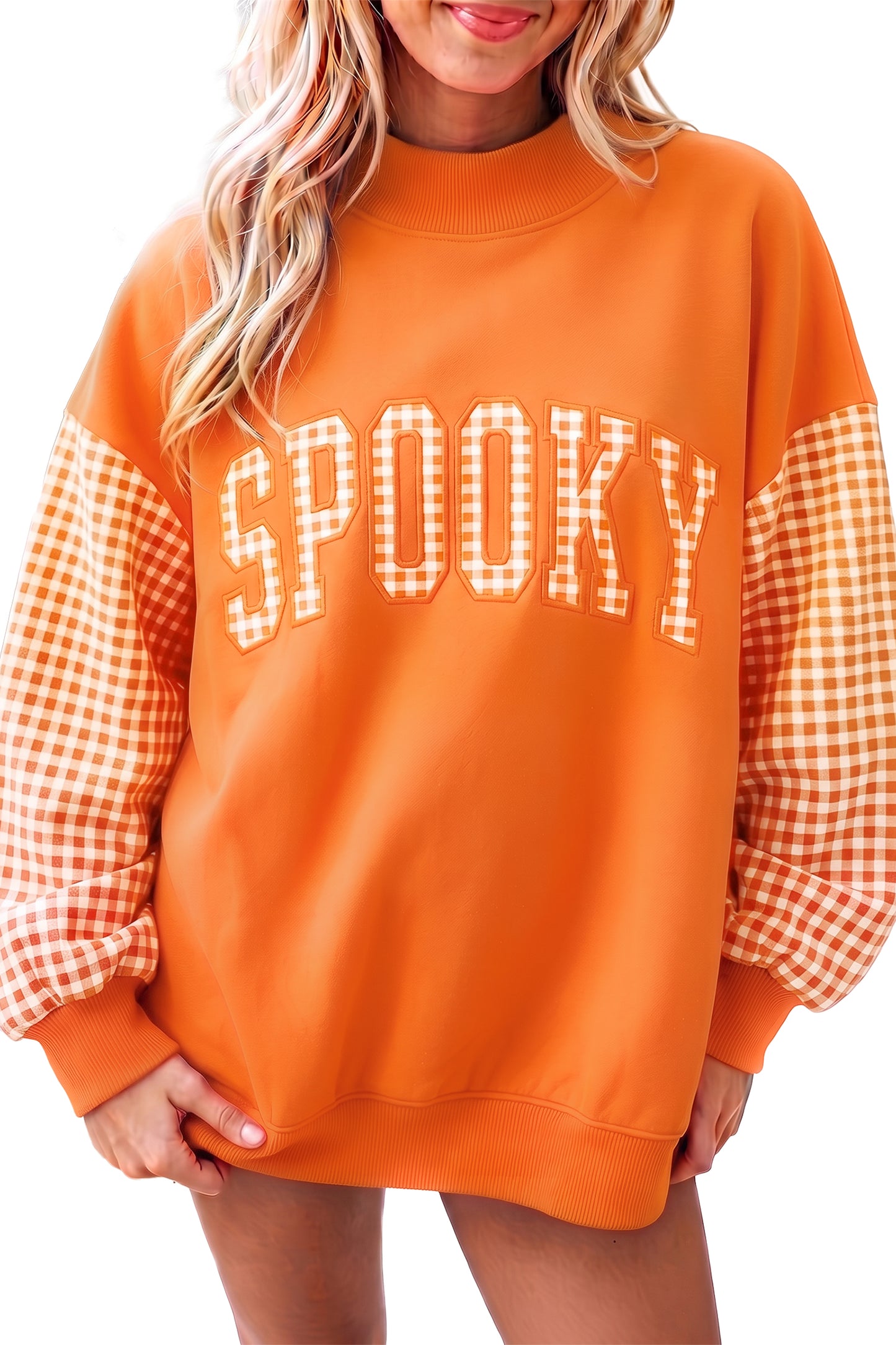 Carrot Gingham Plaid Oversized Pullover Sweatshirt-Tops/Sweatshirts & Hoodies-[Adult]-[Female]-2022 Online Blue Zone Planet