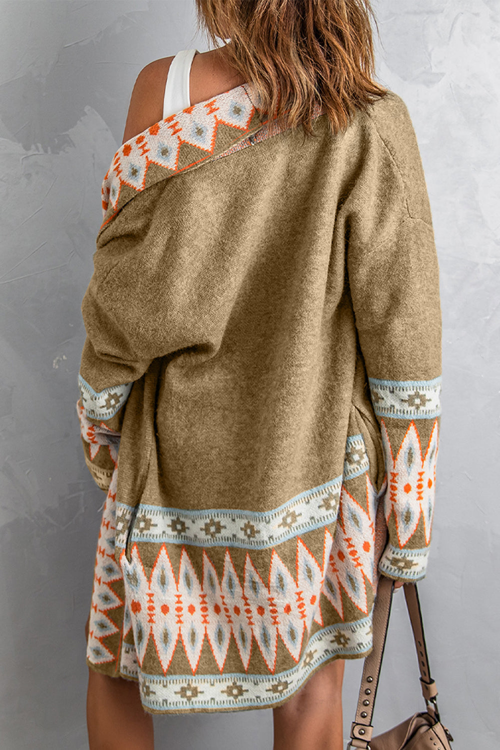 Brown Aztec Print Open Front Knitted Cardigan-Sweaters & Cardigans/Cardigans-[Adult]-[Female]-2022 Online Blue Zone Planet
