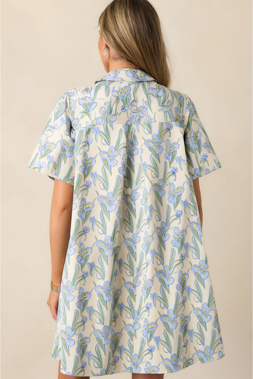 Green Floral Print Shirtcollar Buttoned Short Sleeve Shift Dress-Dresses/Floral Dresses-[Adult]-[Female]-2022 Online Blue Zone Planet