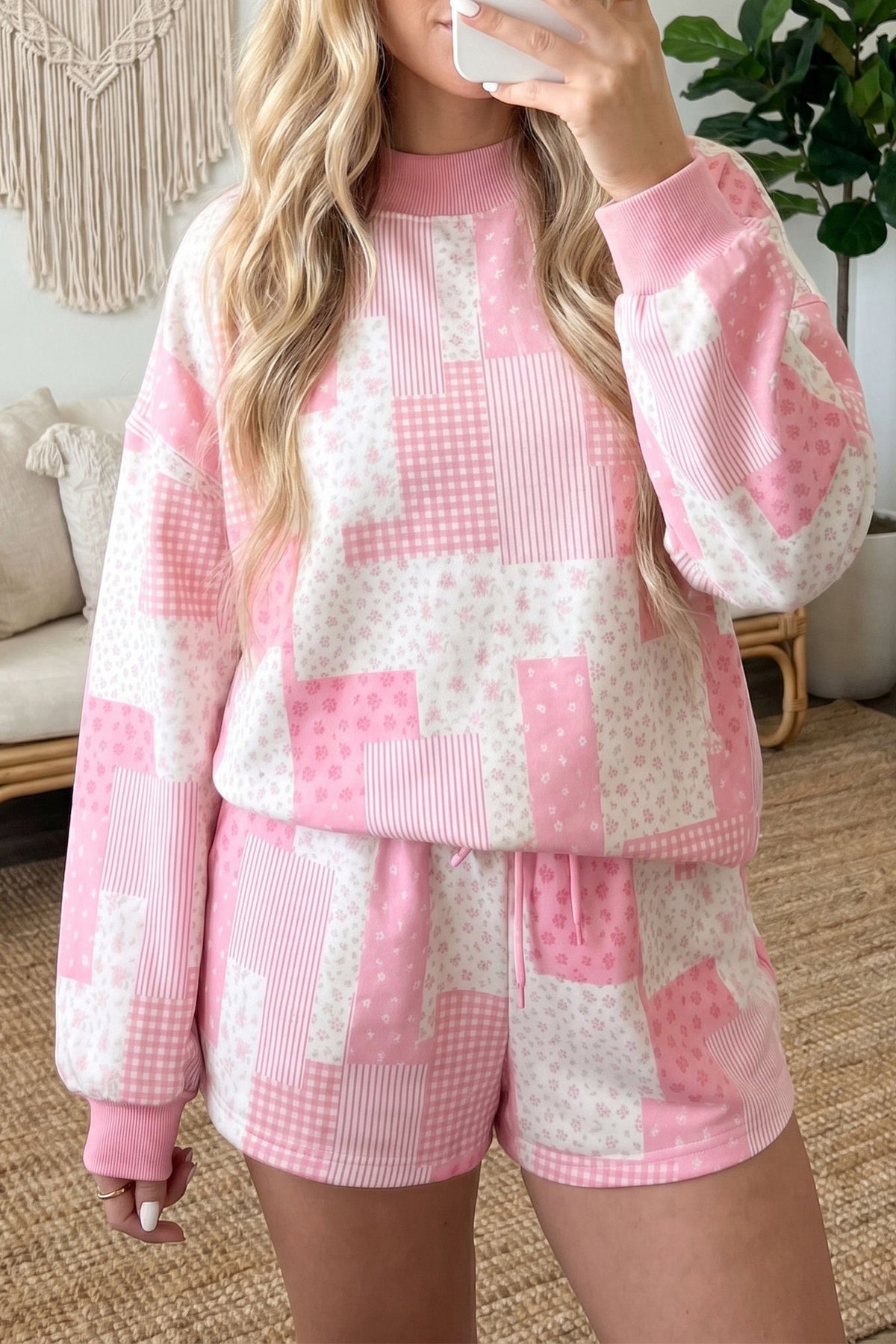 Light Pink Patchwork Floral Print Drop Shoulder Baggy Pullover Drawstring Shorts Set-Two Piece Sets/Short Sets-[Adult]-[Female]-2022 Online Blue Zone Planet