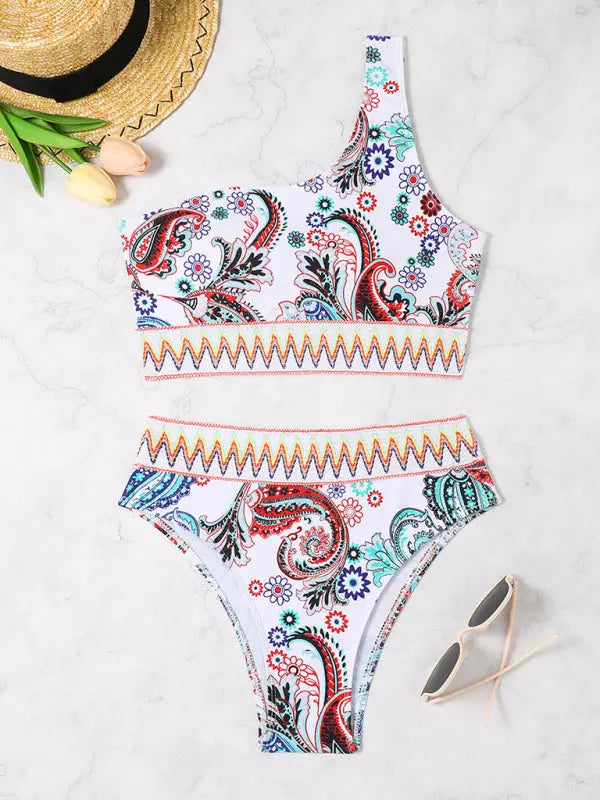 fashion printed elastic knitted one-shoulder split triangle bikini BLUE ZONE PLANET