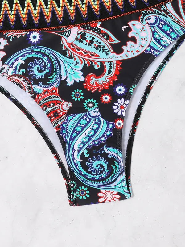 fashion printed elastic knitted one-shoulder split triangle bikini BLUE ZONE PLANET