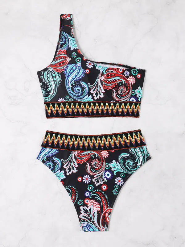 fashion printed elastic knitted one-shoulder split triangle bikini BLUE ZONE PLANET