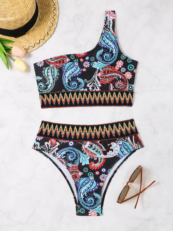 fashion printed elastic knitted one-shoulder split triangle bikini BLUE ZONE PLANET