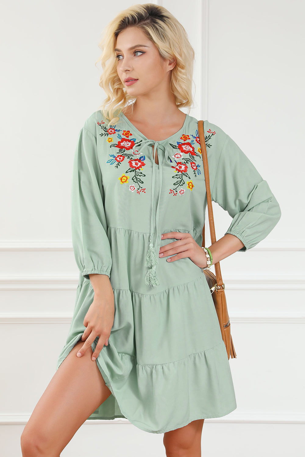 Blue Zone Planet | Green Floral Embroidery Tiered Ruffle Hem Dress-TOPS / DRESSES-[Adult]-[Female]-2022 Online Blue Zone Planet