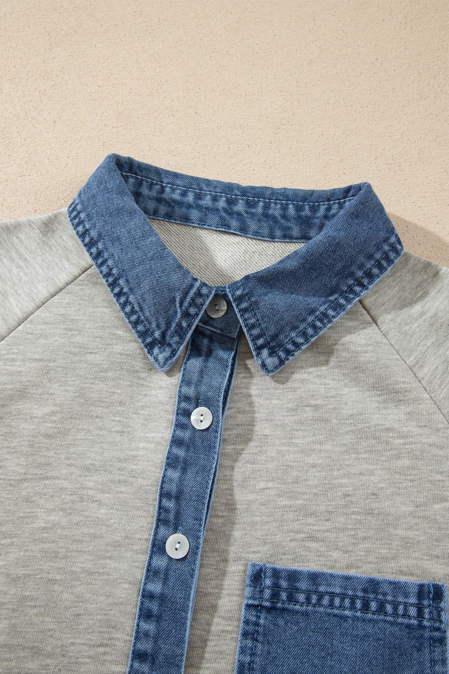 Gray Denim Collar Patchwork Long Sleeve Pullover Top-Tops/Long Sleeve Tops-[Adult]-[Female]-2022 Online Blue Zone Planet
