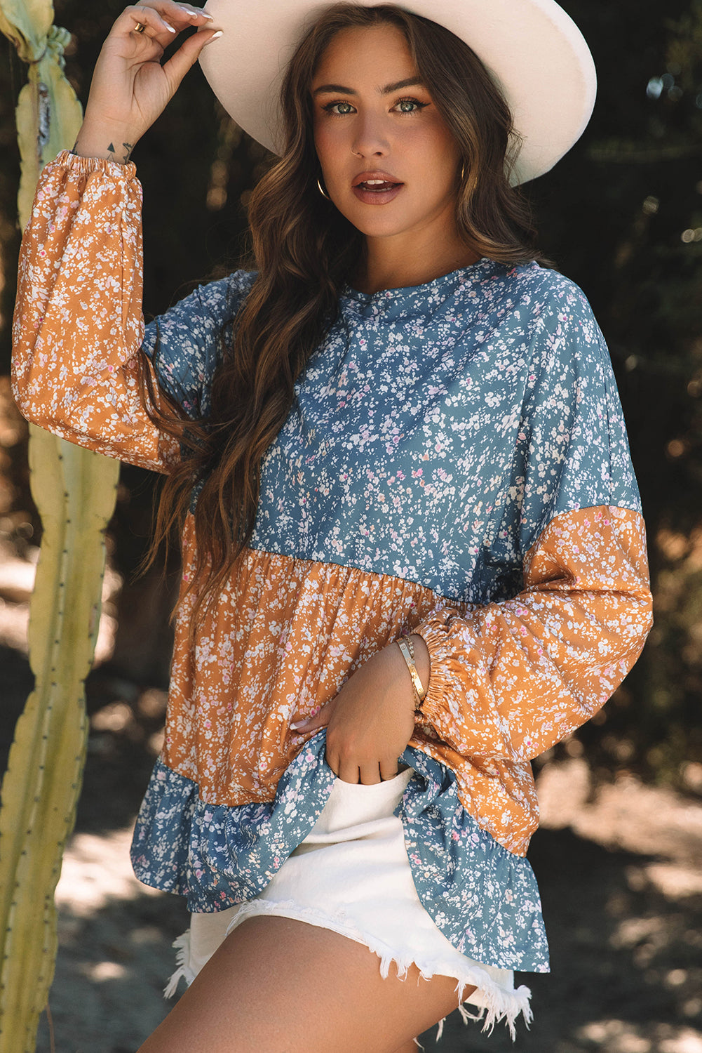 Orange Floral Color Block Patchwork Ruffled Hem Round Neck Blouse-Tops/Blouses & Shirts-[Adult]-[Female]-2022 Online Blue Zone Planet