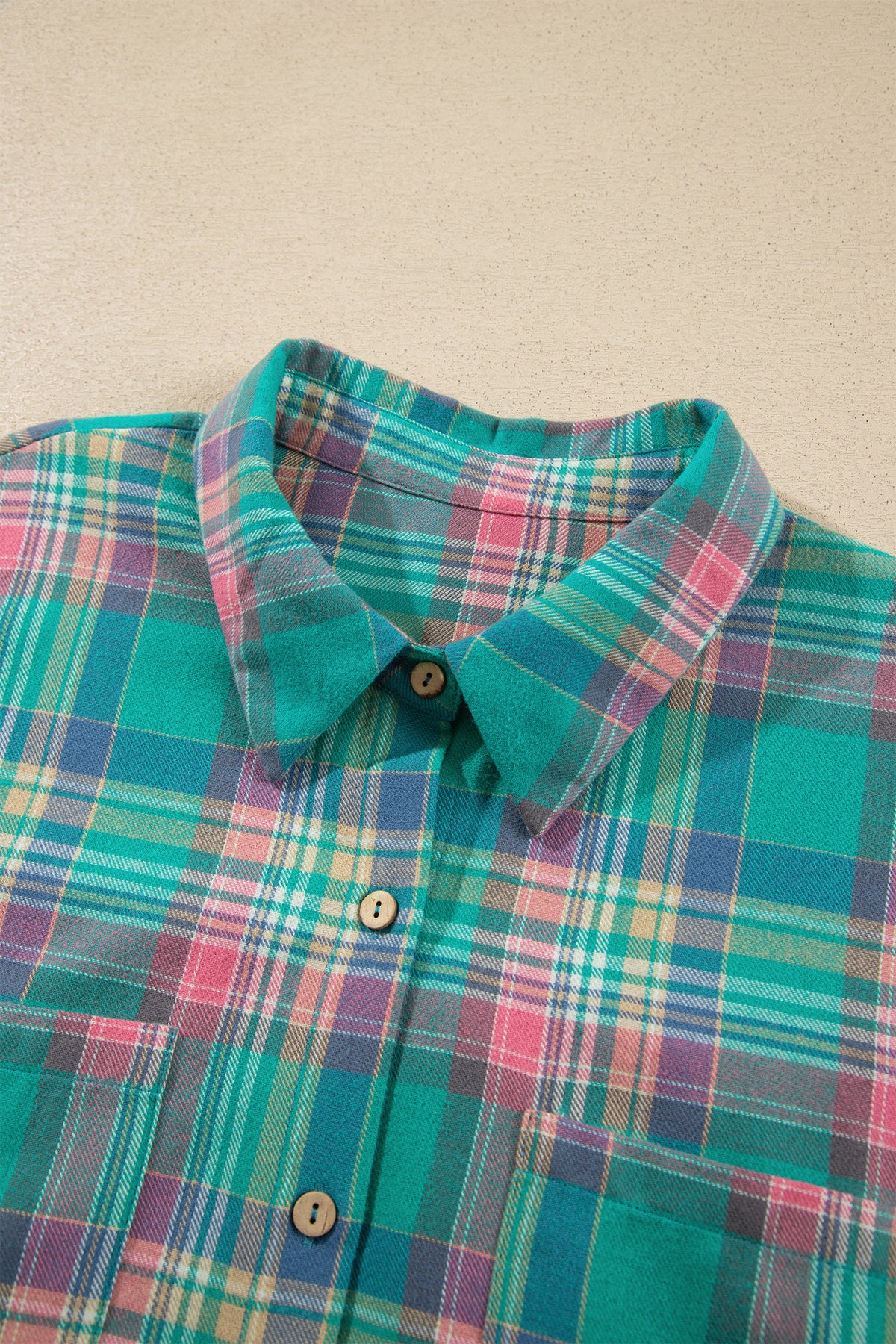 Green Plaid Button-Up Shift Long Sleeve V Neck Plus Size Dress-TOPS / DRESSES-[Adult]-[Female]-2022 Online Blue Zone Planet