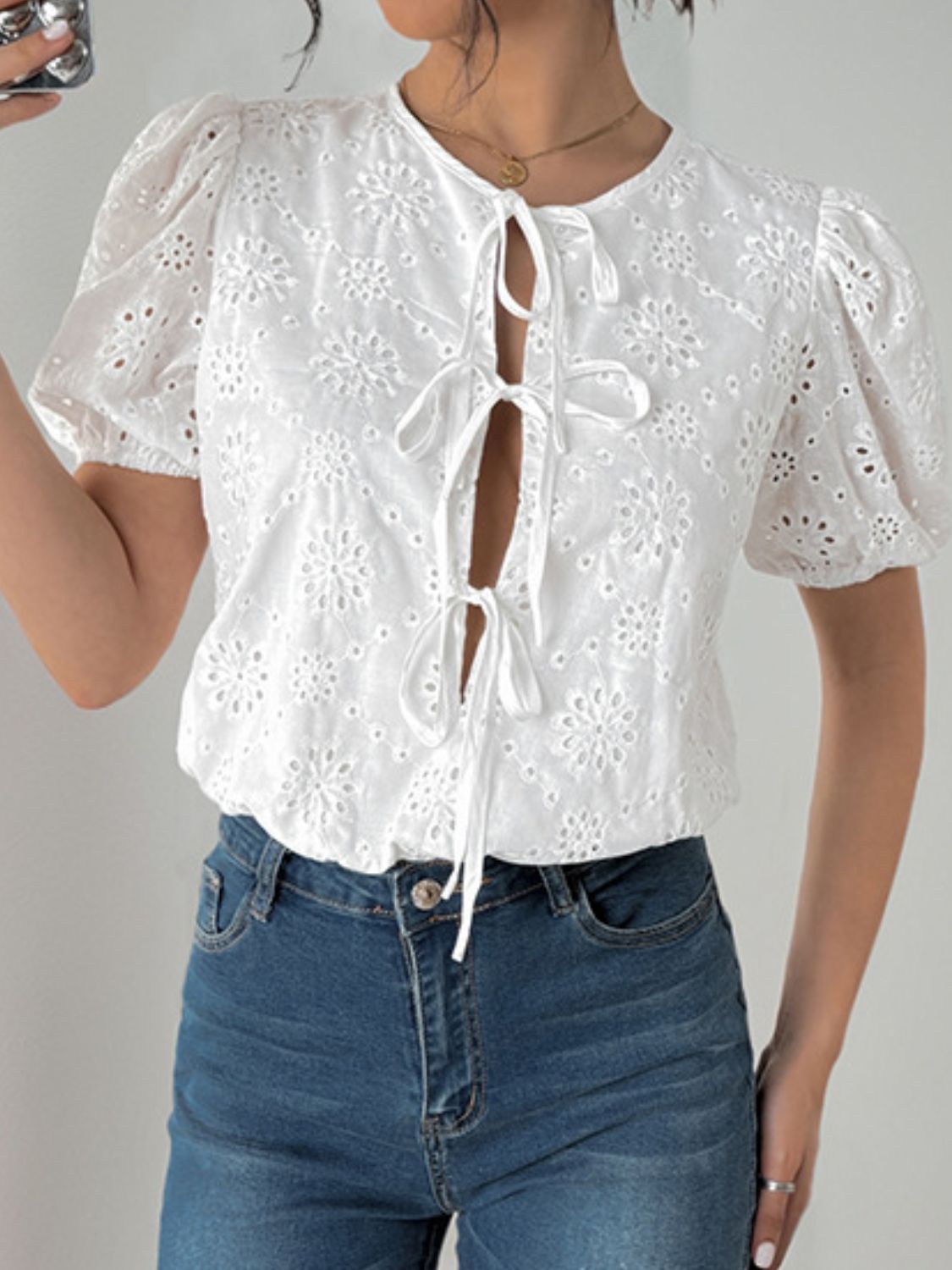 Perfee Tied Eyelet Short Sleeve Bodysuit-TOPS / DRESSES-[Adult]-[Female]-2022 Online Blue Zone Planet
