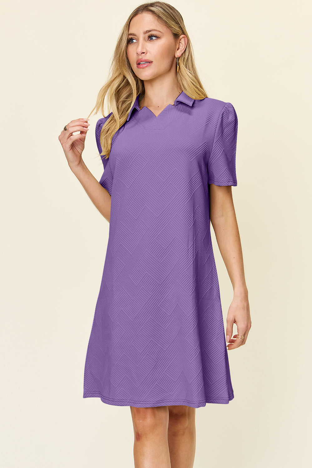 Blue Zone Planet | Double Take Full Size Texture Collared Neck Short Sleeve Dress-TOPS / DRESSES-[Adult]-[Female]-2022 Online Blue Zone Planet