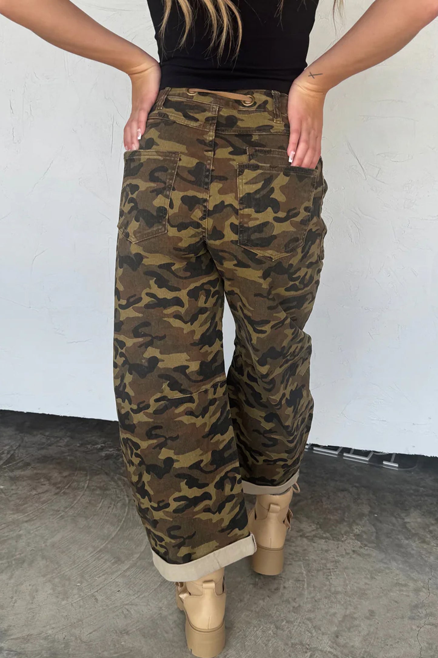 Multicolour Camouflage Print Retro Grommet Tie Waist Loose Jeans-Bottoms/Jeans-[Adult]-[Female]-2022 Online Blue Zone Planet