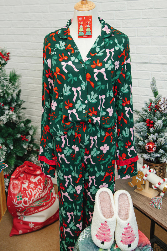 Green Festive Bow Print 2pcs Pajama Pant Set-Loungewear & Sleepwear/Sleepwear-[Adult]-[Female]-2022 Online Blue Zone Planet