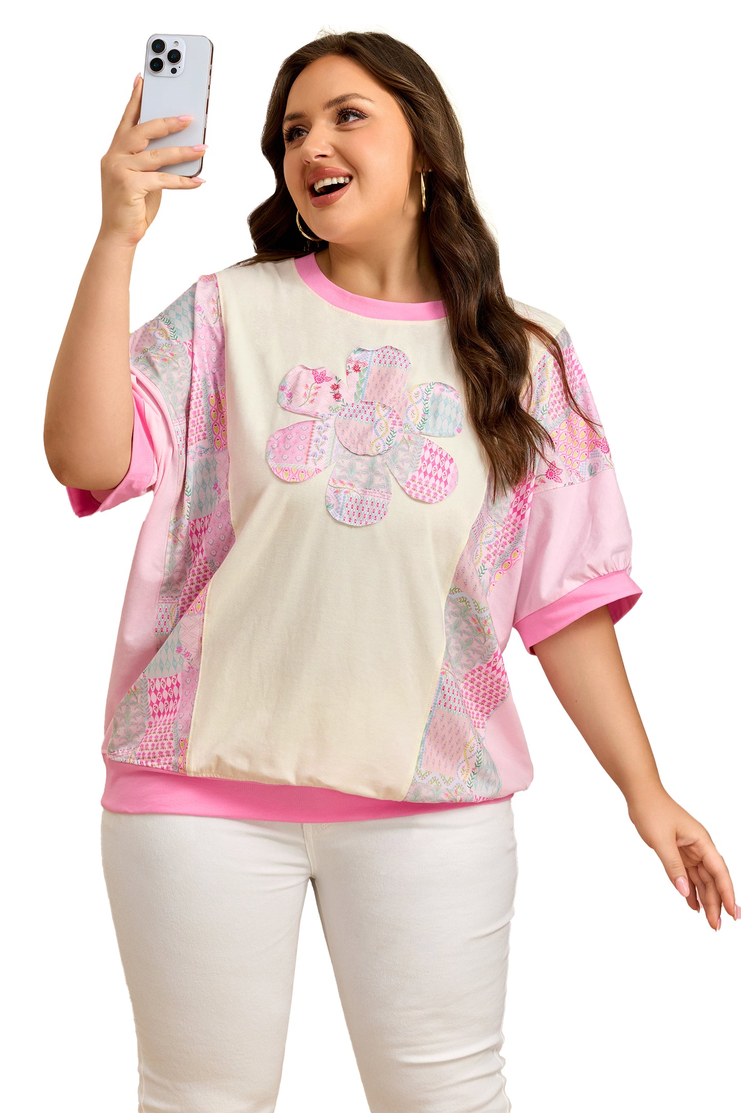 Beige Plus Size Floral Patchwork Short Sleeve Patch Embroidery Cotton T Shirt-Plus Size/Plus Size Tops/Plus Size Tops & Tees-[Adult]-[Female]-2022 Online Blue Zone Planet