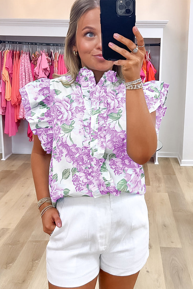 Green Floral Print Ruffle Sleeve Frilly Button Up Shirt-Tops/Blouses & Shirts-[Adult]-[Female]-2022 Online Blue Zone Planet