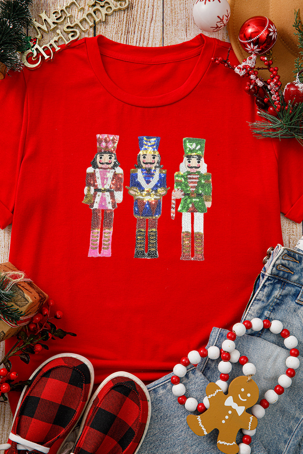 Red Sequined Christmas Nutcracker-Man Graphic Cuffed Short Sleeve T Shirt-Graphic/Graphic Tees-[Adult]-[Female]-2022 Online Blue Zone Planet