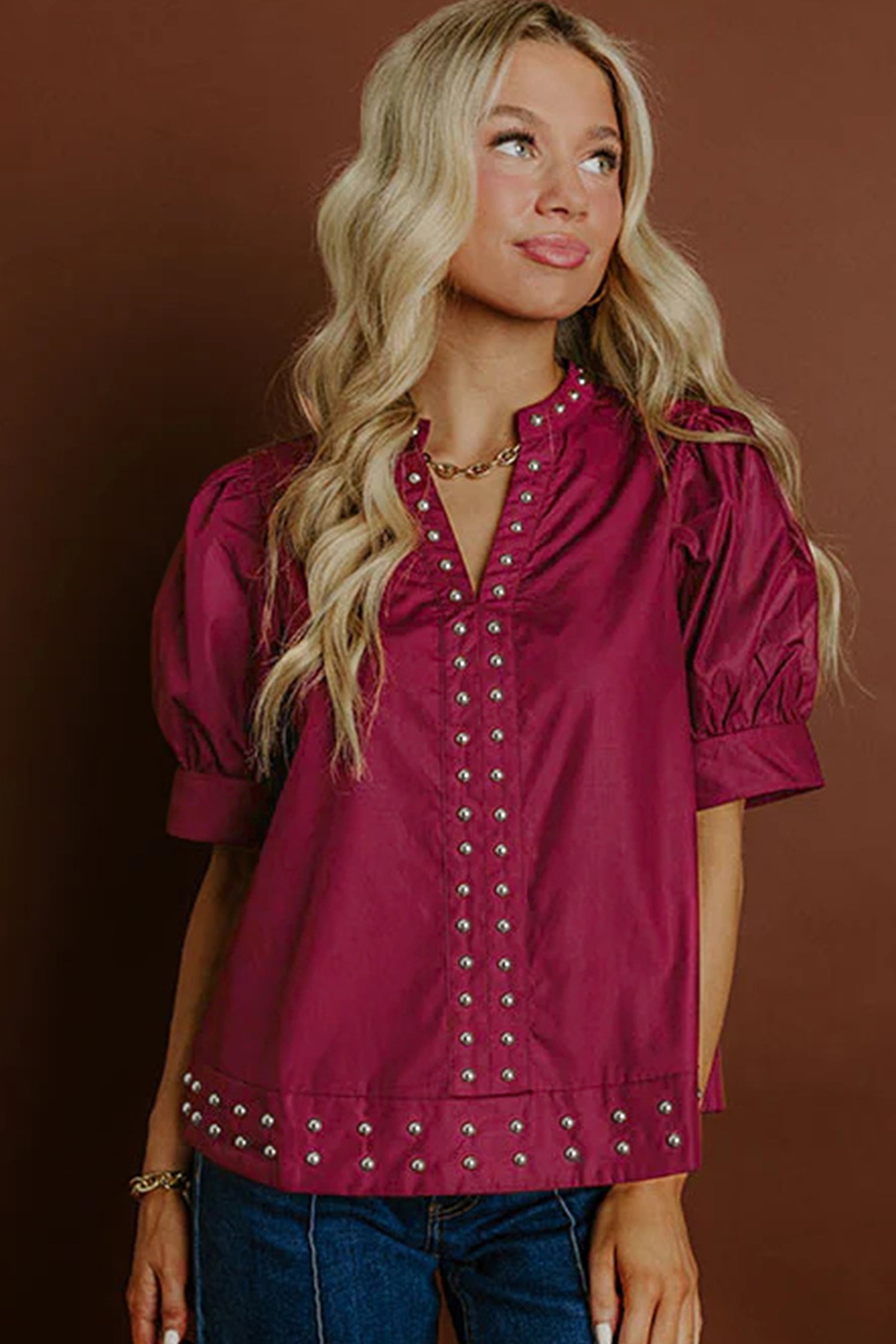 Burgundy Rivet Embellished V Neck Short Puff Sleeve Blouse-Tops/Blouses & Shirts-[Adult]-[Female]-2022 Online Blue Zone Planet