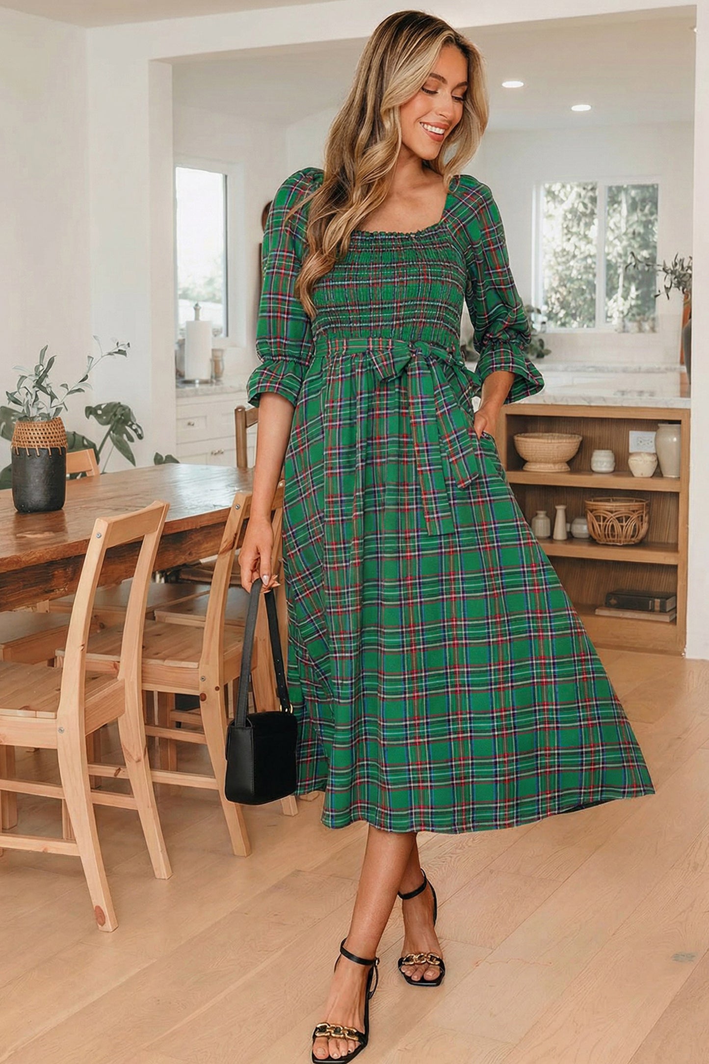 Green Tartan Plaid Square Neck Puff Sleeve Knot Waist Flared Midi Dress-TOPS / DRESSES-[Adult]-[Female]-2022 Online Blue Zone Planet