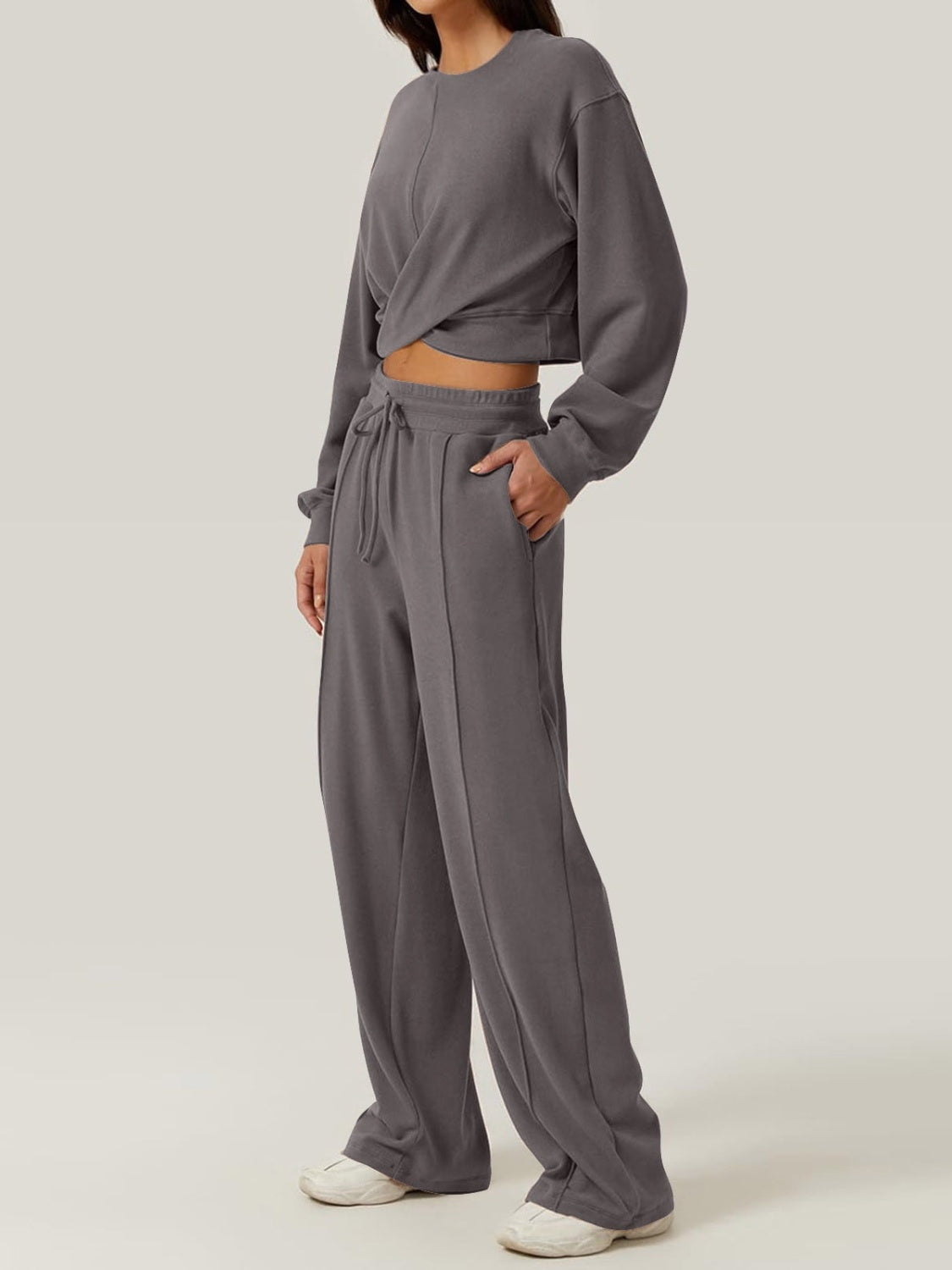 Crisscross Round Neck Top and Drawstring Pants Set-BOTTOMS SIZES SMALL MEDIUM LARGE-[Adult]-[Female]-2022 Online Blue Zone Planet