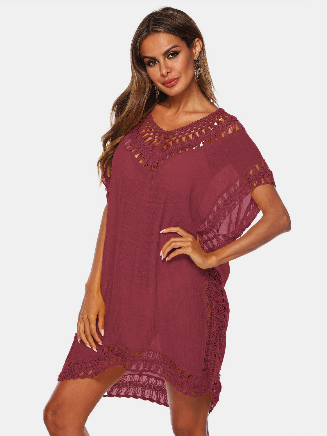 Cutout V-Neck Short Sleeve Cover-Up-TOPS / DRESSES-[Adult]-[Female]-Burgundy-One Size-2022 Online Blue Zone Planet