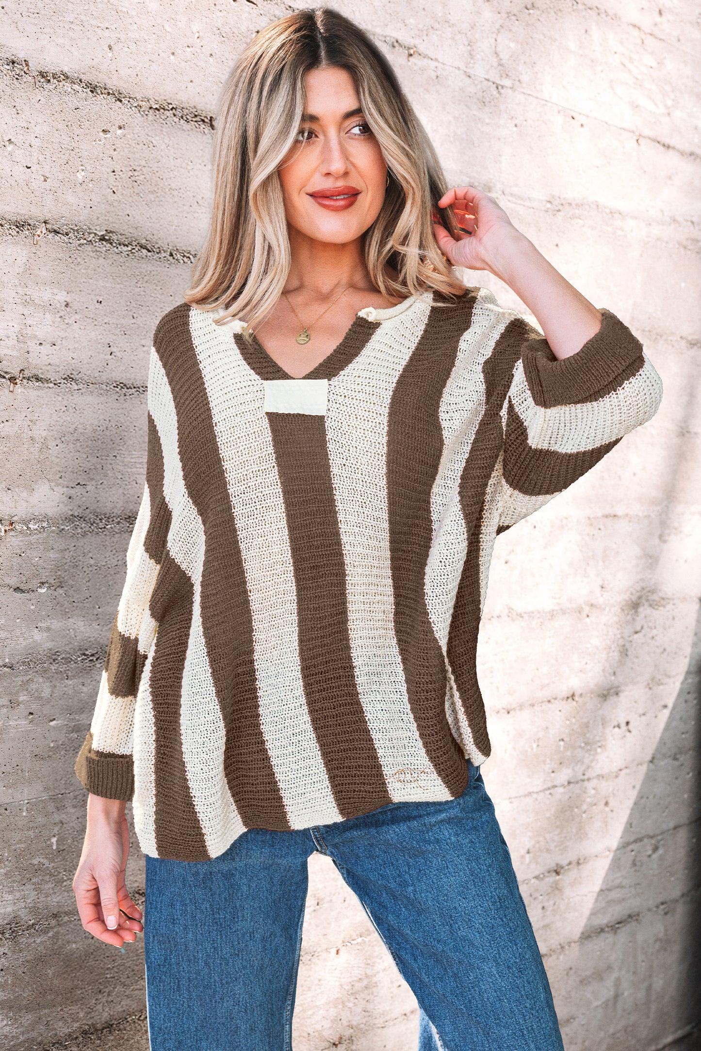 Brown Stripe Colorblock V Neck Bracelet Sleeve Sweater-Bracelet-[Adult]-[Female]-2022 Online Blue Zone Planet