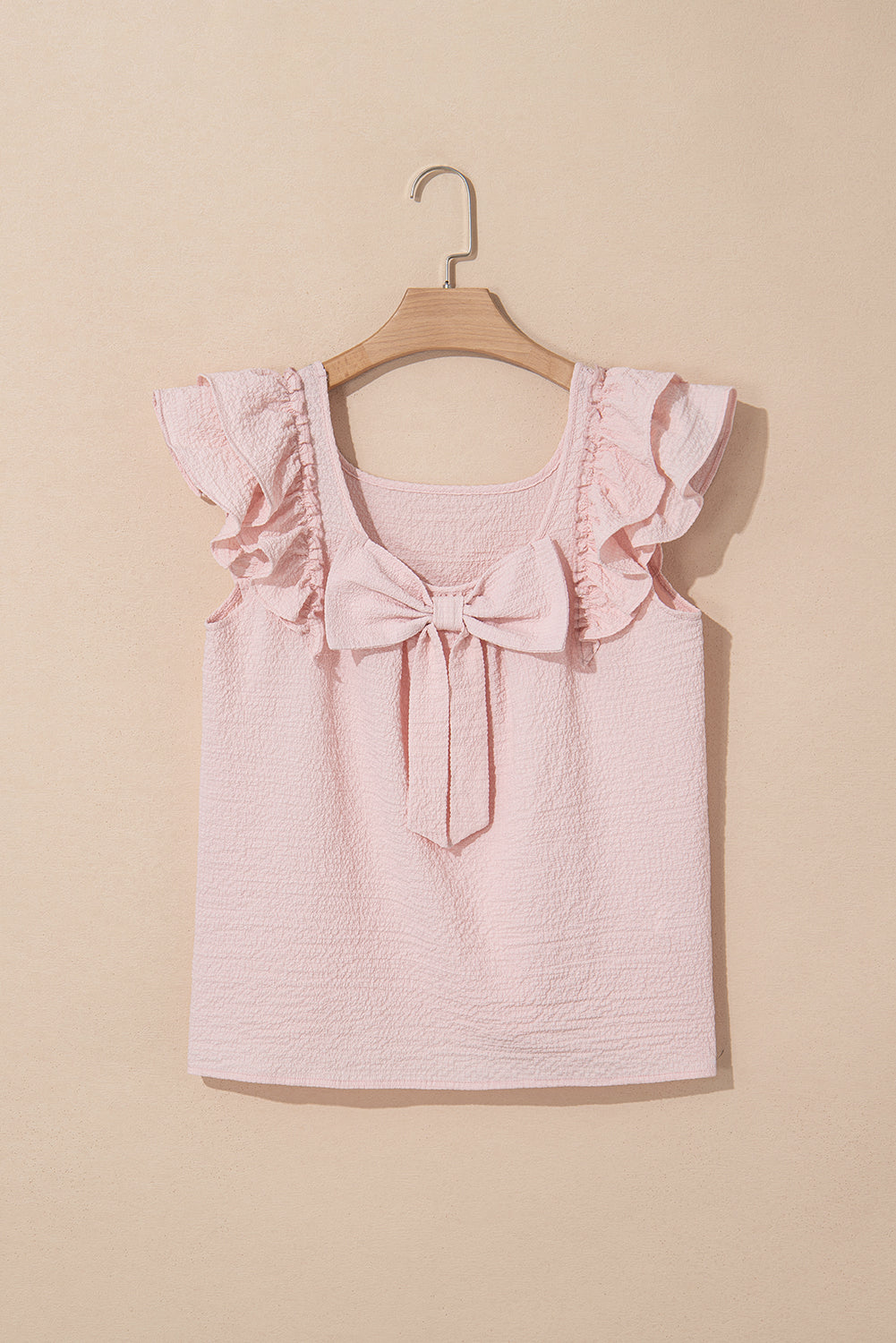 Gossamer Pink Textured Bow Frilled Ruffle Sleeve Blouse-Blouses-[Adult]-[Female]-2022 Online Blue Zone Planet