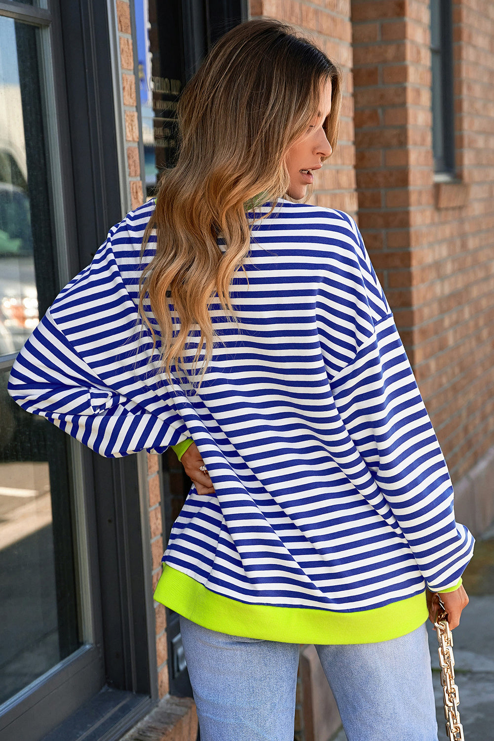 Sky Blue Stripe Striped Contrast Ribbed Trim Drop Shoulder Baggy Sweatshirt-Tops/Sweatshirts & Hoodies-[Adult]-[Female]-2022 Online Blue Zone Planet