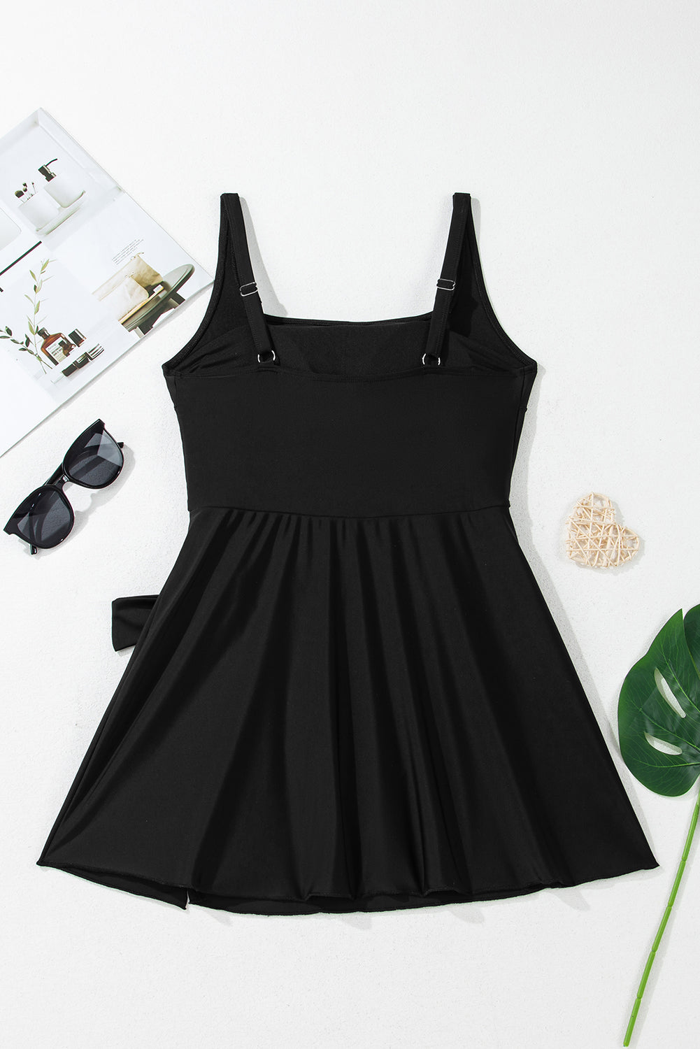 Black Side Tied Waist Square Neck Adjustable Straps A-line One Piece Swim Dress-TOPS / DRESSES-[Adult]-[Female]-2022 Online Blue Zone Planet