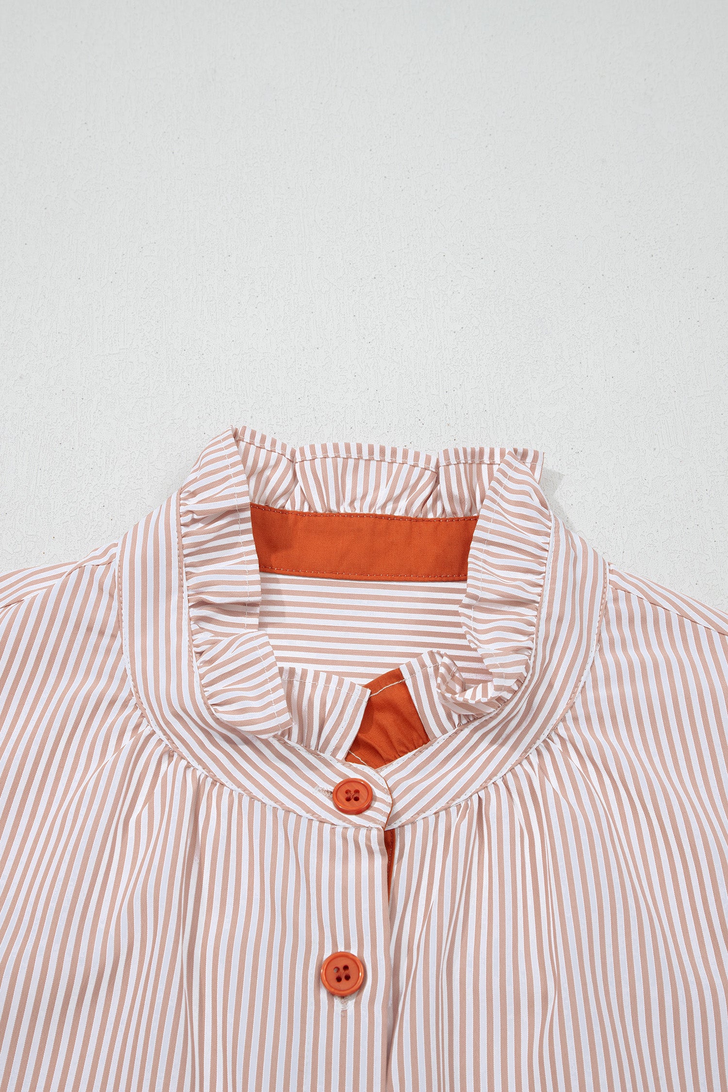 Khaki Stripe Color Block Patchwork Detail Frilled Collar Button Down Shirt-Tops/Blouses & Shirts-[Adult]-[Female]-2022 Online Blue Zone Planet