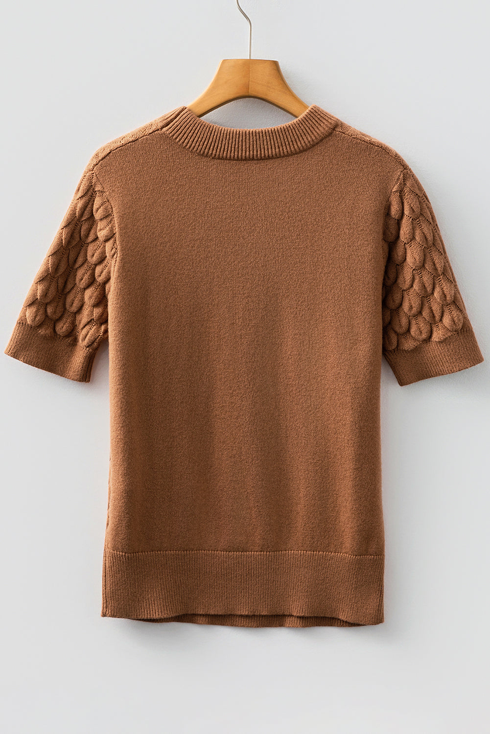 Straw Yellow Fish Scale Textured Knit Ribbed High Neck Short Sleeve Sweater-Sweaters & Cardigans/Short Sleeve Sweaters-[Adult]-[Female]-2022 Online Blue Zone Planet
