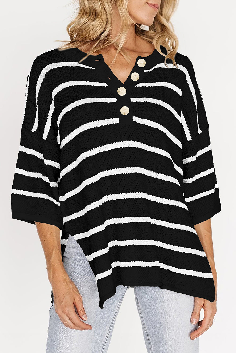 White Stripe Henley Buttoned Placket Drop Shoulder Bracelet Sleeve Knit Sweater Tee-TOPS / DRESSES-[Adult]-[Female]-Black Stripe-S-2022 Online Blue Zone Planet