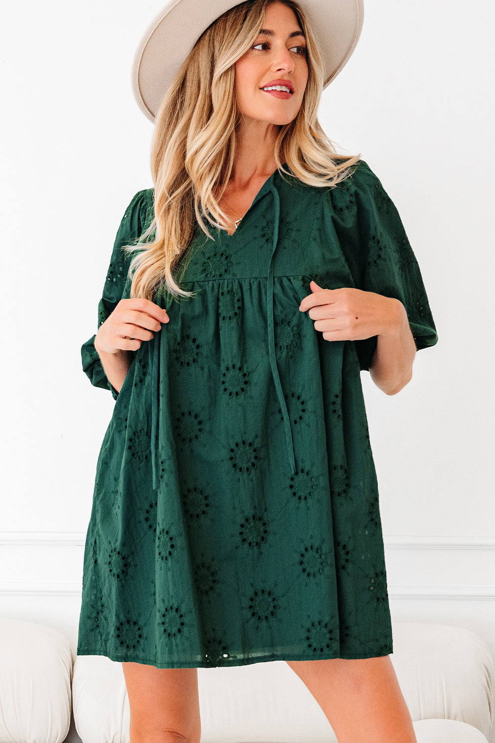 Blackish Green Embroidered Eyelet Pattern 3/4 Puffy Sleeve Swing Mini Dress-Dresses/Mini Dresses-[Adult]-[Female]-2022 Online Blue Zone Planet