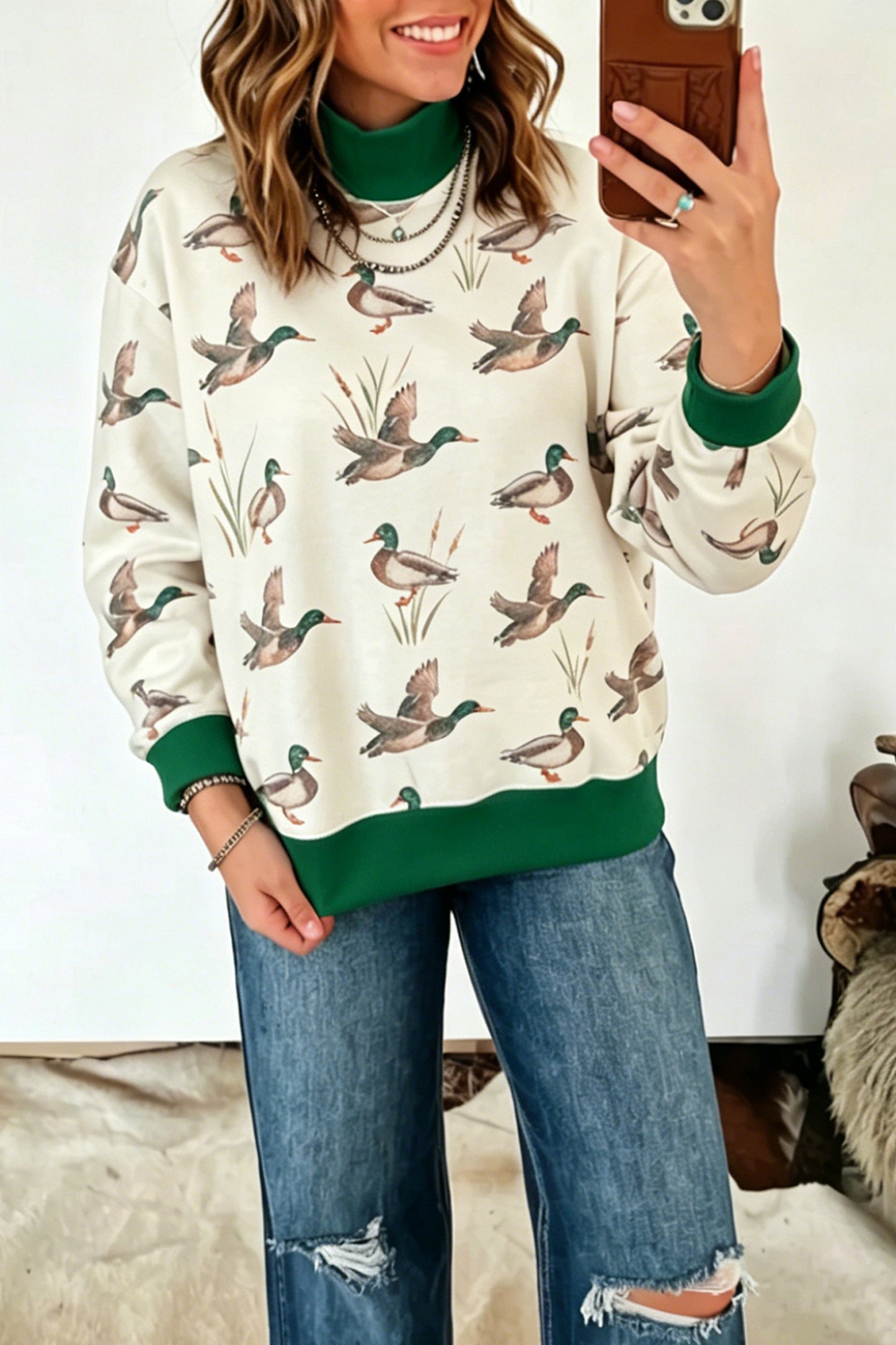 Multicolour Mallard Print Patchwork Colorblock High Neck Sweatshirt