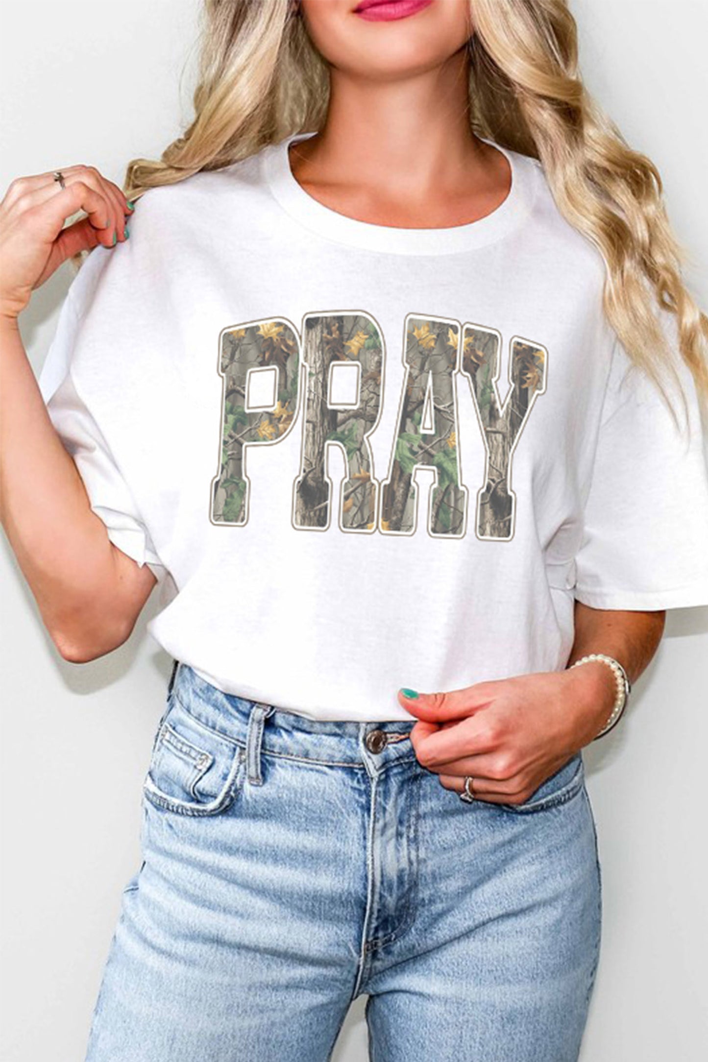 White PRAY Camo Letter Print Casual Round Neck T Shirt-Graphic/Graphic Tees-[Adult]-[Female]-2022 Online Blue Zone Planet