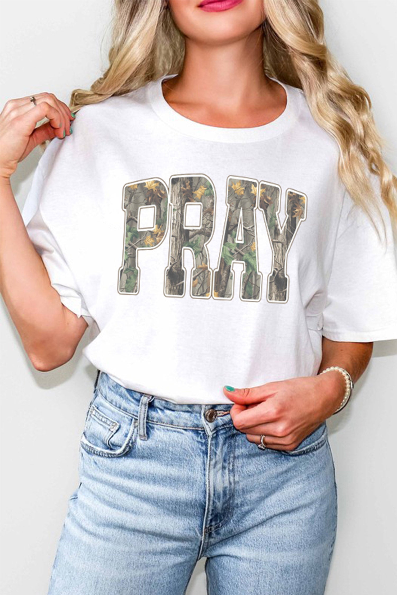 White PRAY Camo Letter Print Casual Round Neck T Shirt-Graphic/Graphic Tees-[Adult]-[Female]-2022 Online Blue Zone Planet