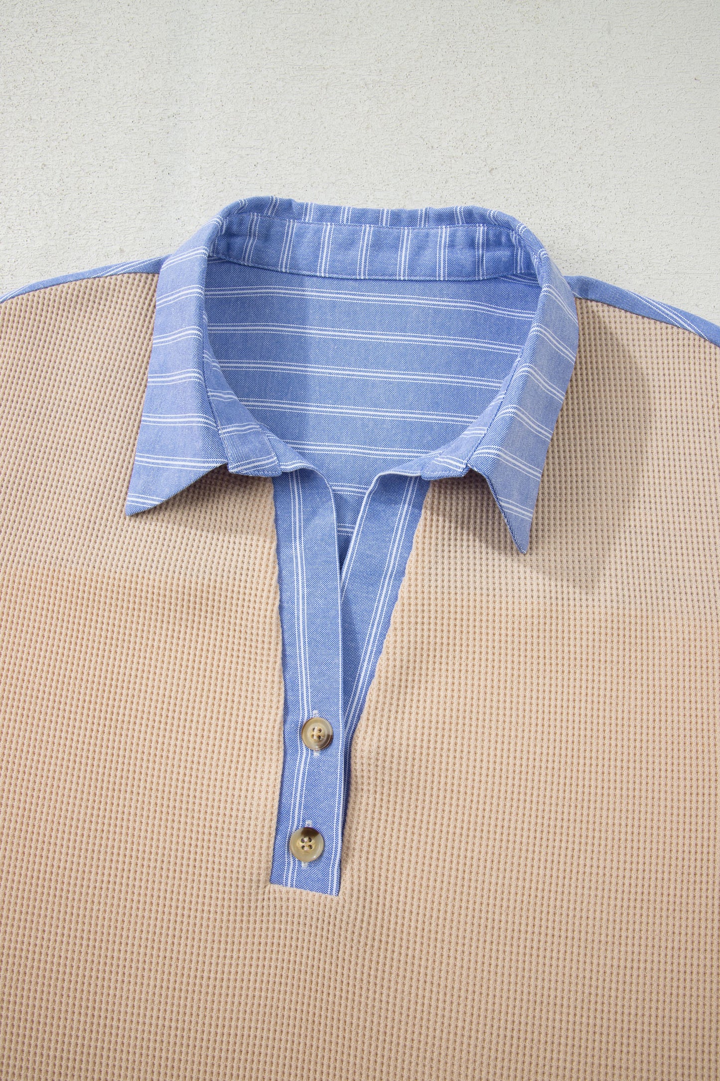 Parchment Plus Size Striped Contrast Trim Waffle Knit Collared Top-Plus Size/Plus Size Tops/Plus Size Long Sleeve Tops-[Adult]-[Female]-2022 Online Blue Zone Planet