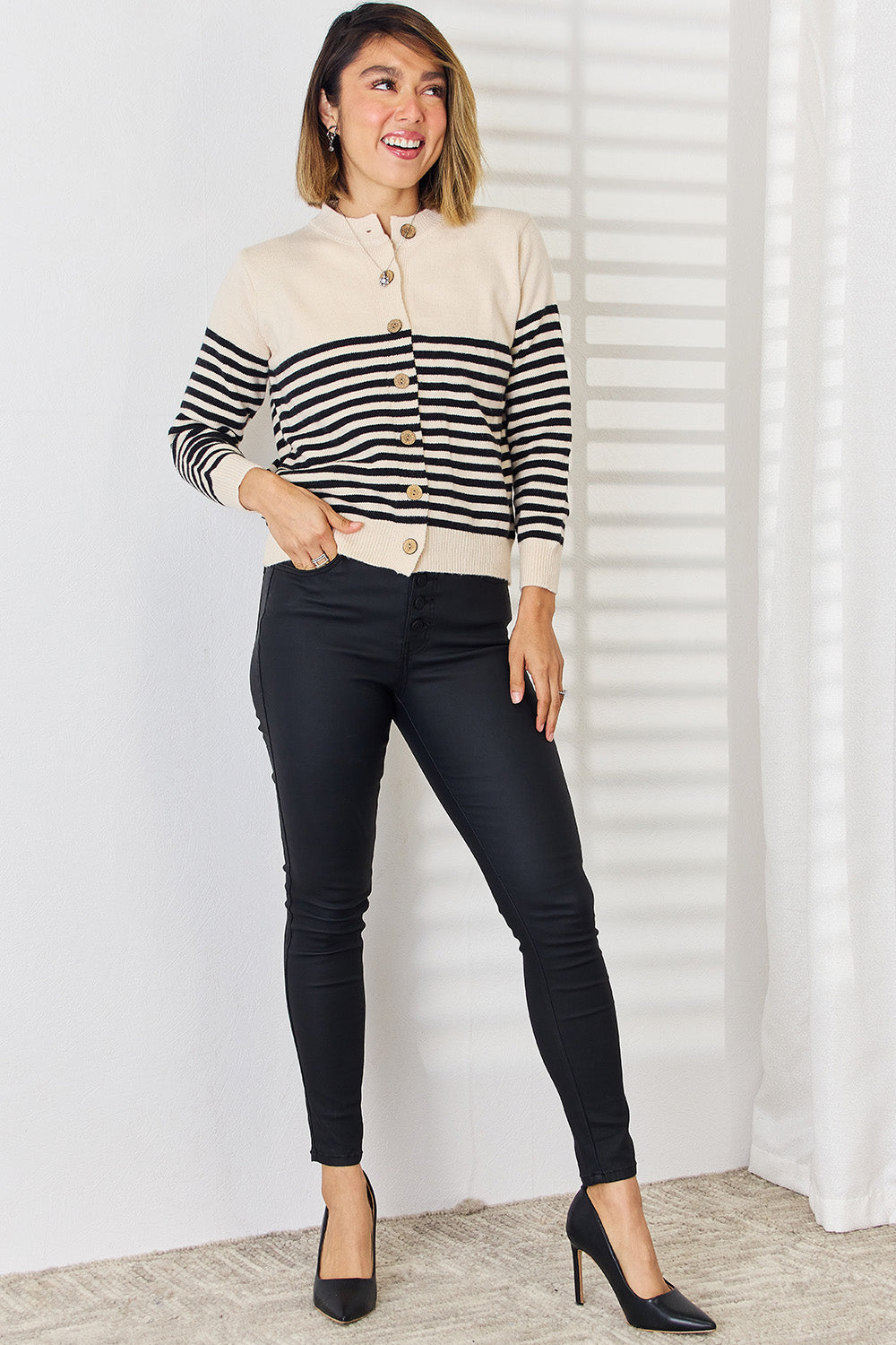 Striped Button Up Long Sleeve Cardigan-TOPS / DRESSES-[Adult]-[Female]-2022 Online Blue Zone Planet