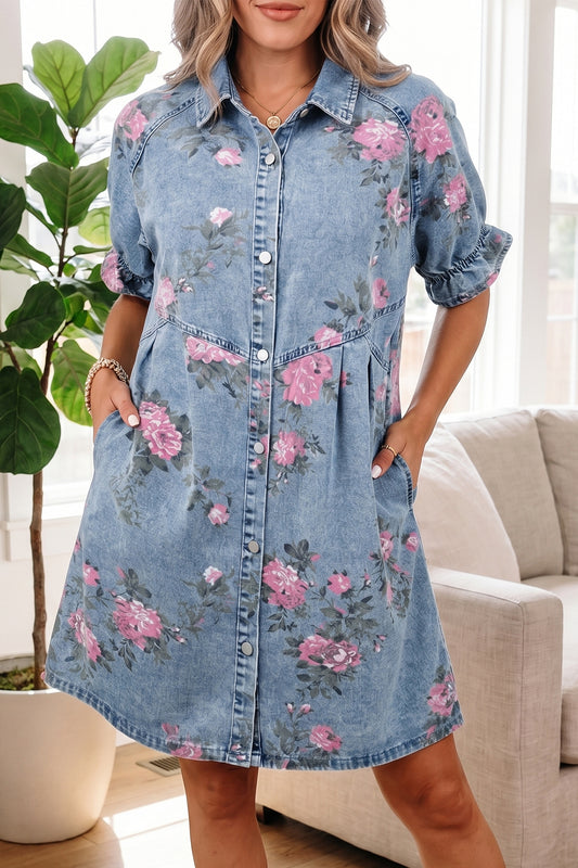 Sky Blue Floral Print Denim Short Sleeve Button Down Dress-Dresses/Mini Dresses-[Adult]-[Female]-Sky Blue-S-2022 Online Blue Zone Planet