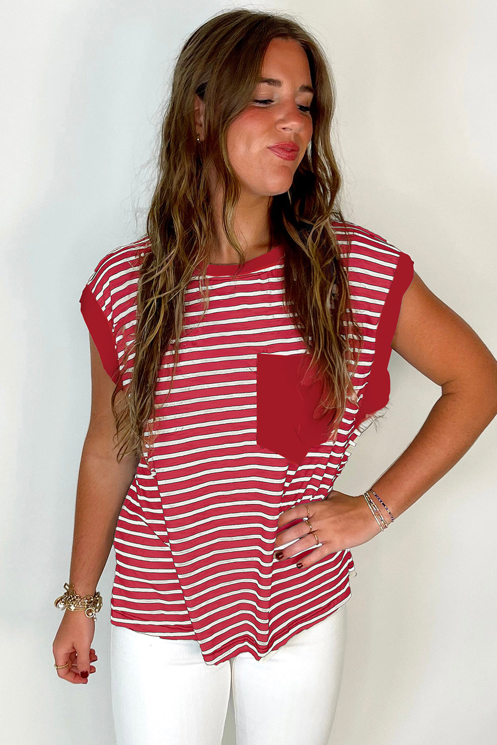 Red Stripe Chest Pocket Patch Round Neck Tank Top-Tops/Tank Tops-[Adult]-[Female]-2022 Online Blue Zone Planet