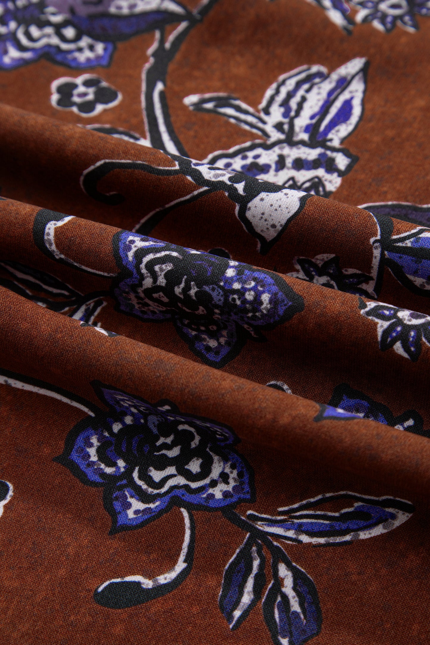 Brown Autumn Floral Print Smocked Cuffs Shift Blouse-Tops/Blouses & Shirts-[Adult]-[Female]-2022 Online Blue Zone Planet