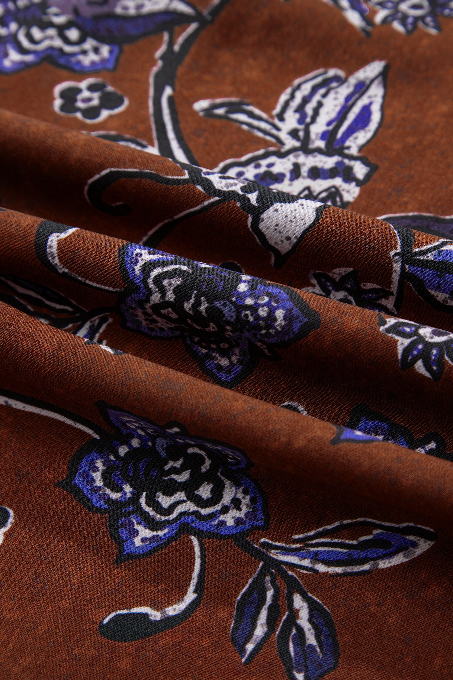 Brown Autumn Floral Print Smocked Cuffs Shift Blouse-Tops/Blouses & Shirts-[Adult]-[Female]-2022 Online Blue Zone Planet